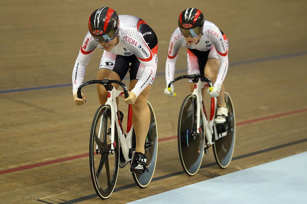 Kayono Maeda of Japan leads team mate Takako Ishii in the Women's Team Sprint