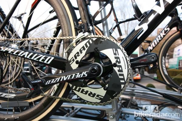 SRAM's stiffer TT-specific chainrings are installed on Tom Boonen's (Omega Pharma-QuickStep) new Specialized S-Works Roubaix (SL4).
