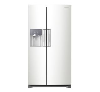 Large light silver fridge freezer with vertical double doors and water and ice dispenser