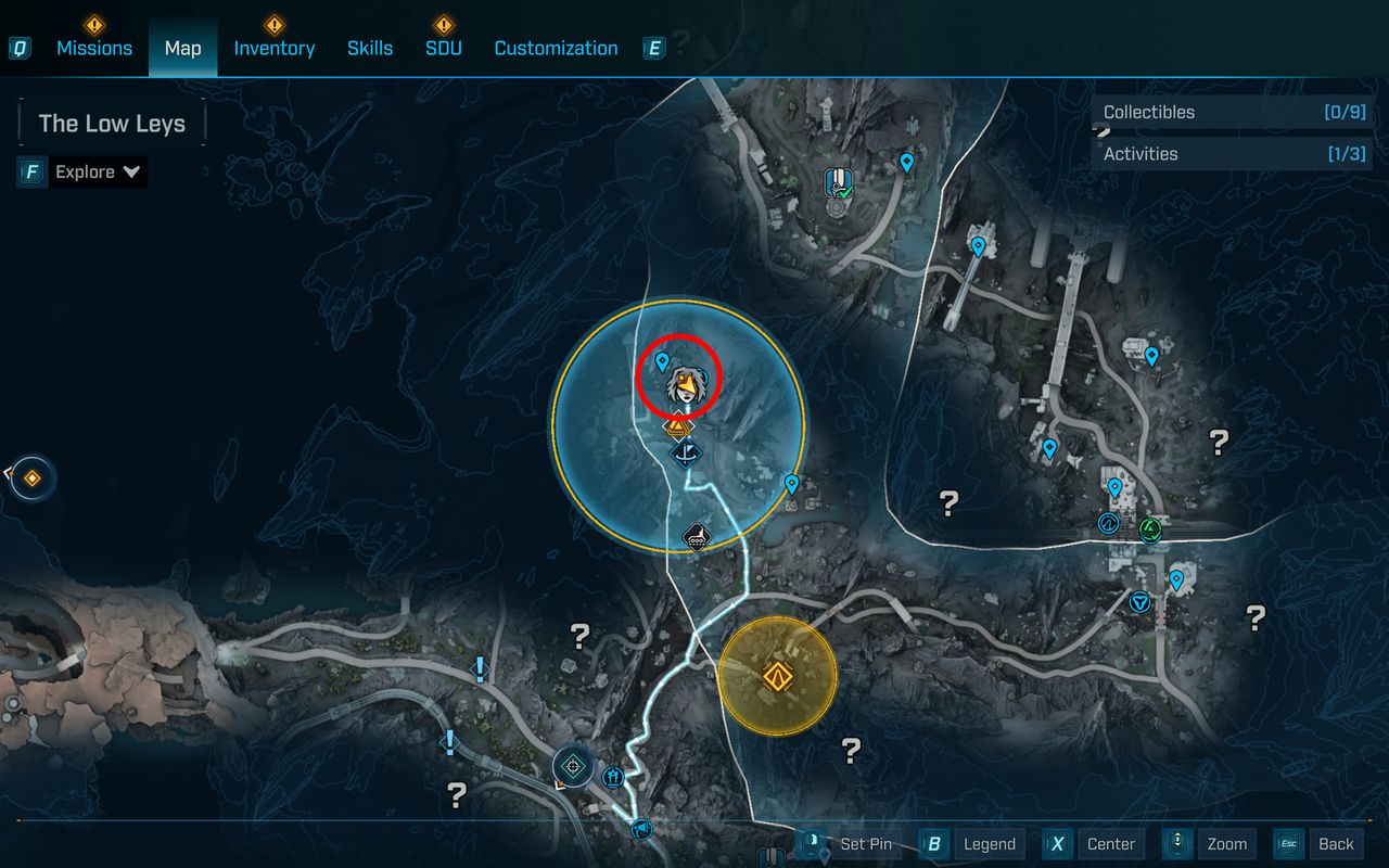 Borderlands 4 vault key fragment locations: A map with a red circle highlighting the fragment in The Low Leys, Terminus Range.