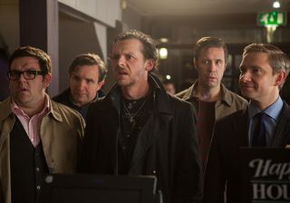 Nick Frost, Eddie Marsan, Simon Pegg, Paddy Considine and Martin Freeman stand in a group looking concerned.