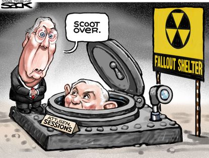 Political cartoon U.S. Trump tweets Sessions McConnell North Korea nuclear bomb shelter
