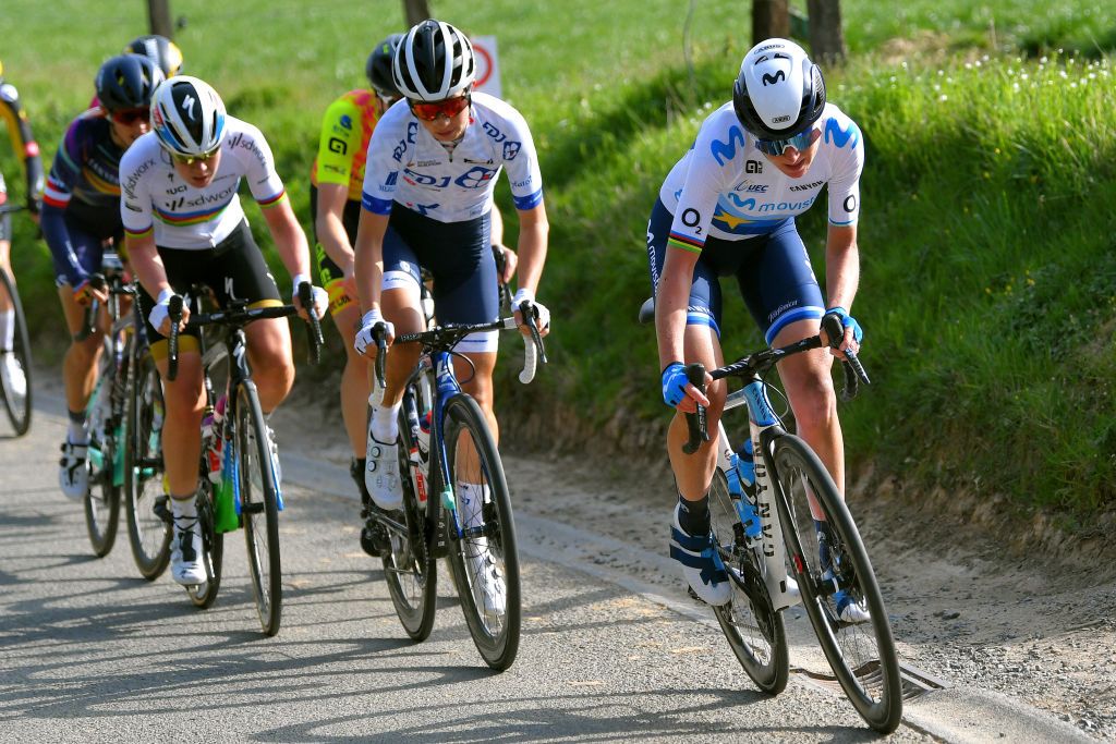 OUDENAARDE BELGIUM APRIL 04 Annemiek Van Vleuten of Netherlands and Movistar Team Women Cecilie Uttrup Ludwig of Denmark and Team FDJ Nouvelle Aquitaine Futuroscope during the 18th Ronde van Vlaanderen Tour of Flanders 2021 Womens Elite a 1524km race frim Oudenaarde to Oudenaarde RVV21 rondevanvlaanderen tourofflanders UCIWWT on April 04 2021 in Oudenaarde Belgium Photo by Luc ClaessenGetty Images