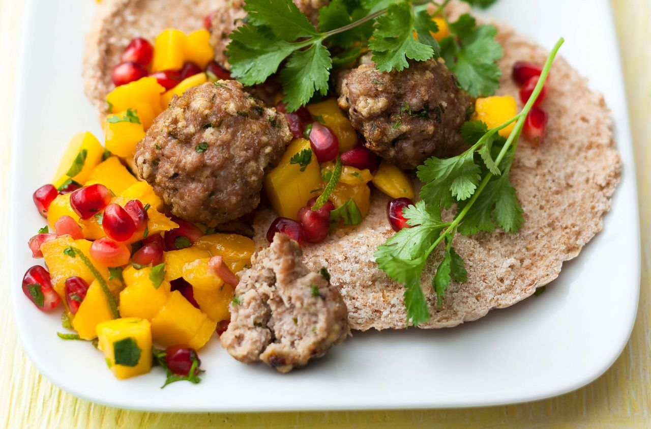 pork pittas with mango and pomegranate salsa