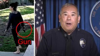 Jillian Shriner holding a gun and LAPD media officer Alex Shoji 