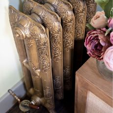 Green bedroom with brass radiator