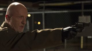 Jonathan Banks pointing a gun in Better Call Saul