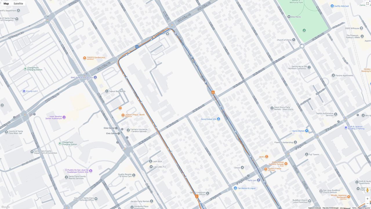 A GPS map showing how the Garmin Forerunner 970 (blue line) and Google Pixel Watch 4 (orange line) compare for a half-marathon test.
