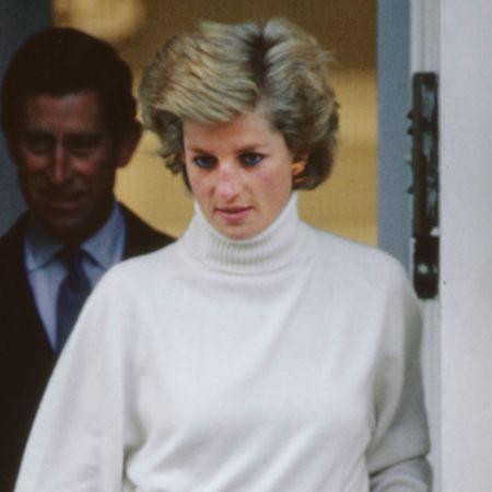 Princess Diana wears a white turtleneck sweater