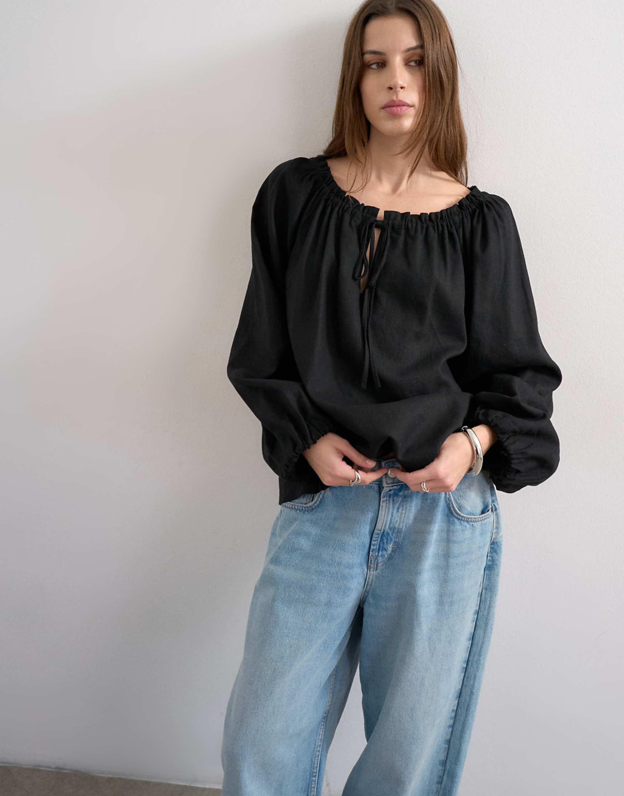 Topshop Trapeze Linen Tie Front Blouse in Black