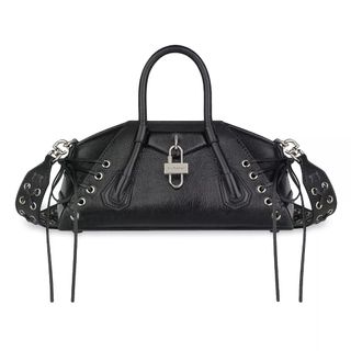 Givenchy black leather top handle shoulder bag eyelet studded silver metal handbag