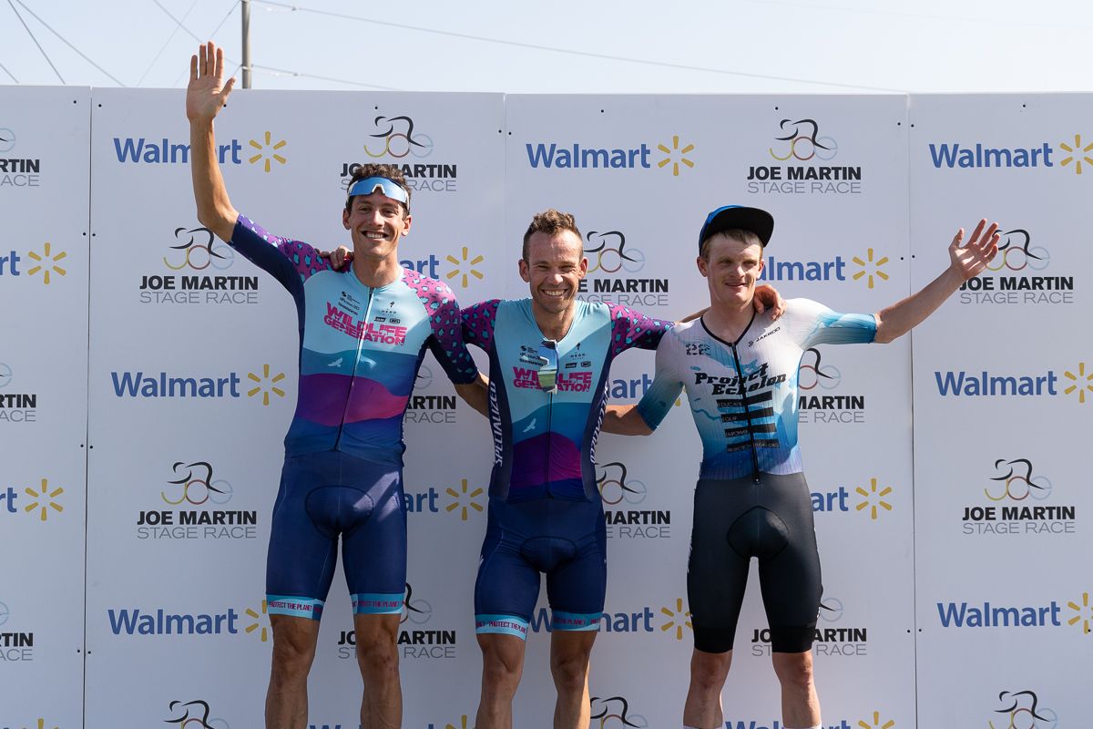 Stage podium: Jonathan Clarke (Wildlife Generation Pro Cycling) in 1st, Noah Granigan (Wildlife Generation Pro Cycling) 2nd, and Tyler Stites (Project Echelon) 3rd.