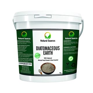 White bucket of diatomaceous earth with a green label on a white background