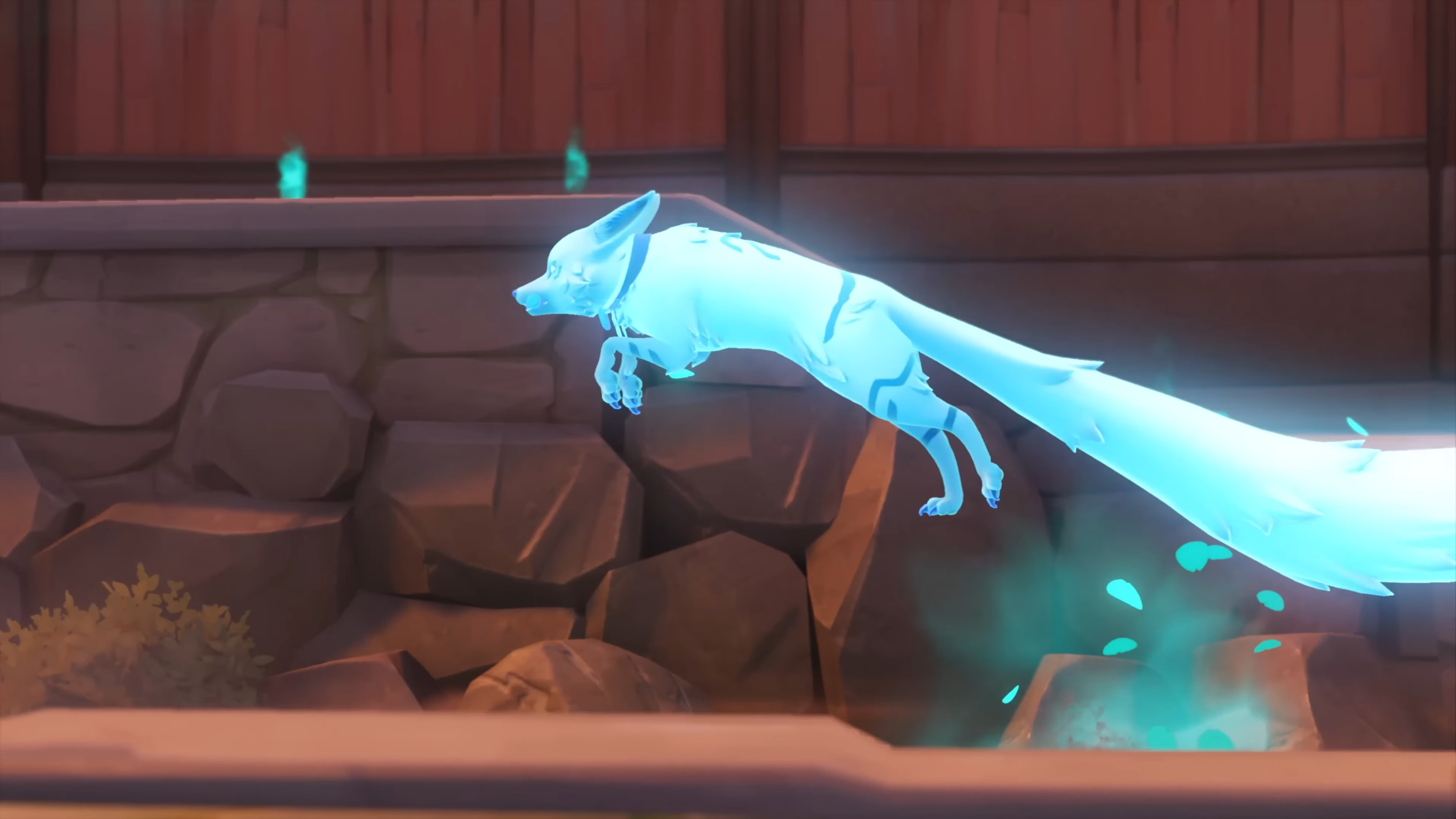 Overwatch 2.  a ghostly fox jumping in the air