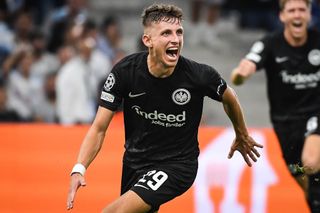 Jesper LINDSTROM of Eintracht Frankfurt celebrates his goal during the UEFA Champions League group D match between Olympique Marseille and Eintracht Frankfurt at Orange Velodrome on September 13, 2022 in Marseille, France.