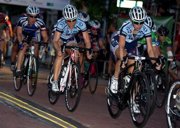 Jen Purcell of team Tibco (Center) with 2 laps to go at Spartanburg Crit 2012