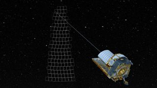 An illustration of the Euclid spacecraft scanning the sky. Euclid’s mission is to hunt for traces of dark matter and dark energy in the ancient universe, to help explain the mysteries of cosmic expansion.
