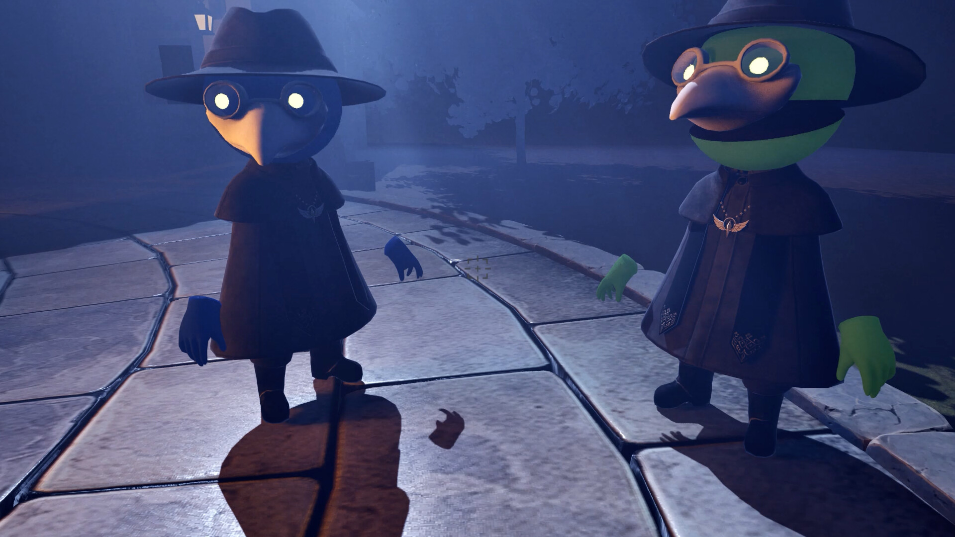 Key art for the game &amp;quot;In Us&amp;quot; showing four hooded, bird-masked exorcist characters before a glowing stained-glass window, with the tightly kerned title logo beneath them appearing to spell 'Anus'.