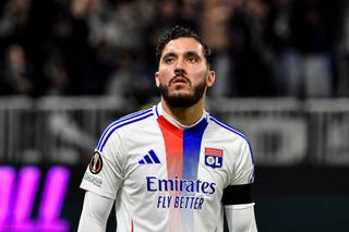 Rayan Cherki of Lyon walks on the field during the UEFA Europa League 2024/25 League Phase MD3 match between Olympique Lyonnais and Besiktas JK at OL Stadium on October 24, 2024 in Decines-Charpieu, France.