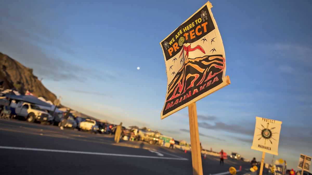 Activists gather at the base of Mauna Kea to protest the construction of the Thirty Meter Telescope. 