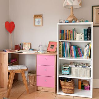 kids room with study table and book shelf