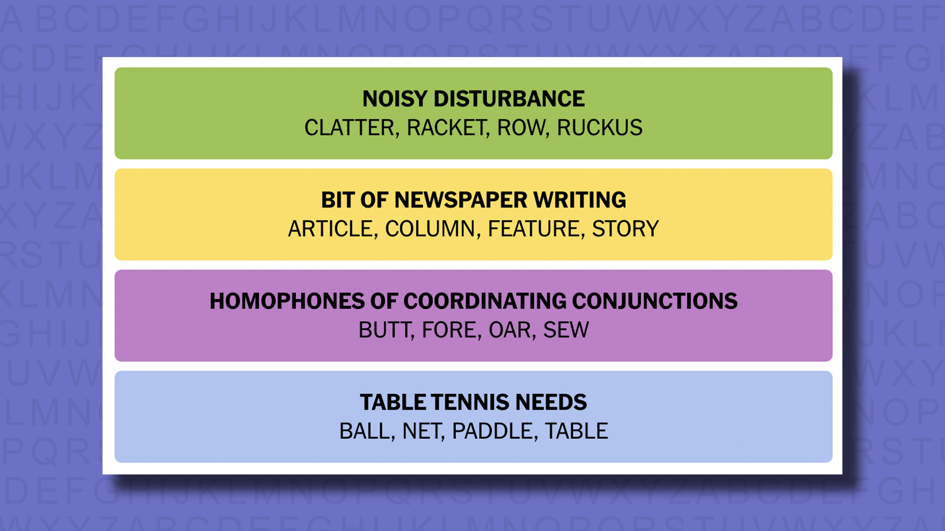 Ответы NYT Connections на игру 497 на фиолетовом фоне