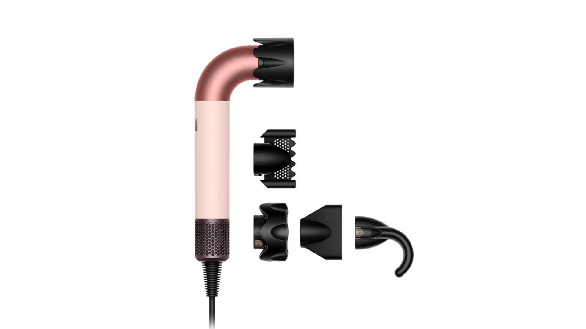 A product shot of the pink Dyson Supersonic r hair dryer, alongside its styling attachments, on a white background