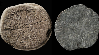 An inscribed circular brown stone has concentric lines making it appear to resemble a sun