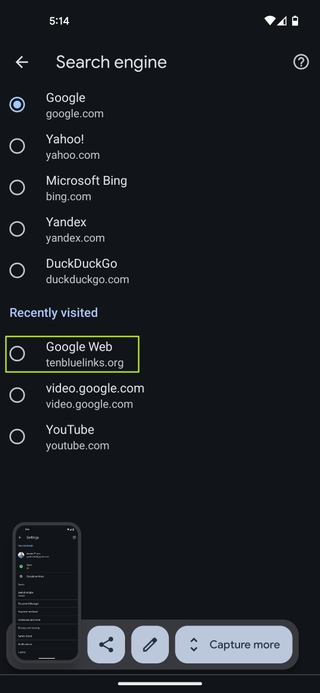 Select Search Engine in Chrome Settings