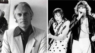 A composite photograph of George Martin in the studio and UFO performing onstage