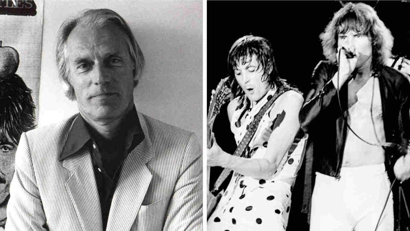 A composite photograph of George Martin in the studio and UFO performing onstage