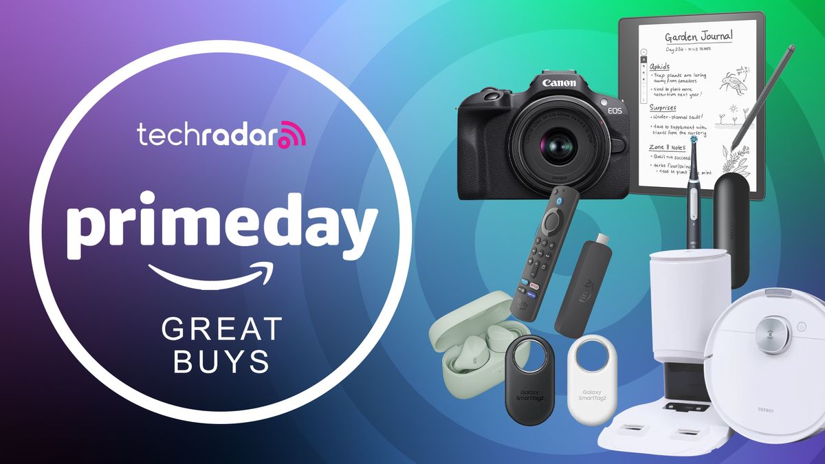 A selection of tech products on a TechRadar deals background for Prime Day Great Buys