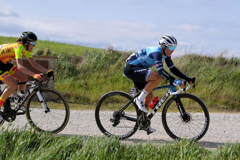 SIENA ITALY MARCH 06 Chloe Hosking of Australia and Team Trek Segafredo during the Eroica 7th Strade Bianche 2021 Womens Elite a 136km race from Siena to Siena Piazza del Campo Gravel Strokes StradeBianche on March 06 2021 in Siena Italy Photo by Luc ClaessenGetty Images