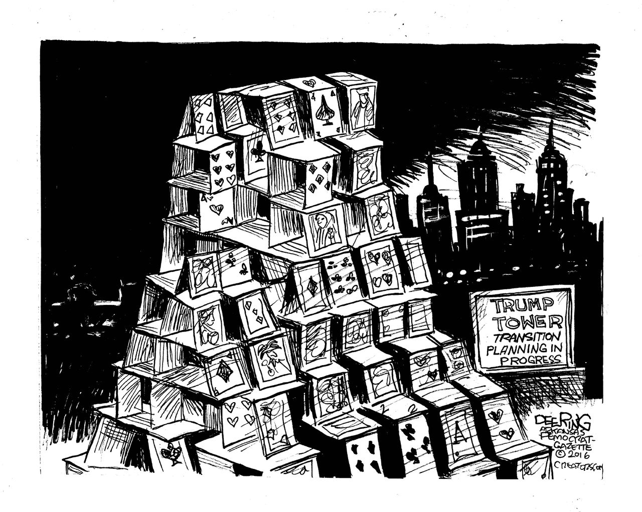 Political cartoon U.S. Donald Trump transition team house of cards