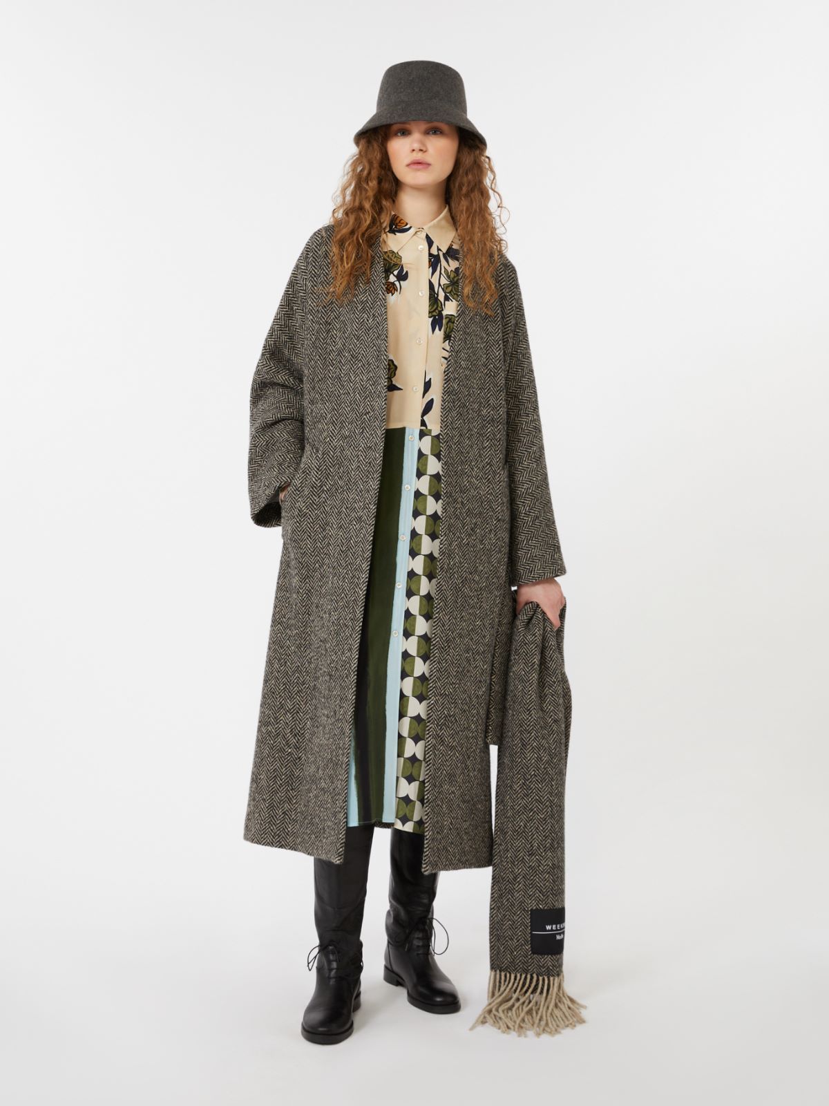 Wool Tweed Wrap Coat - Black