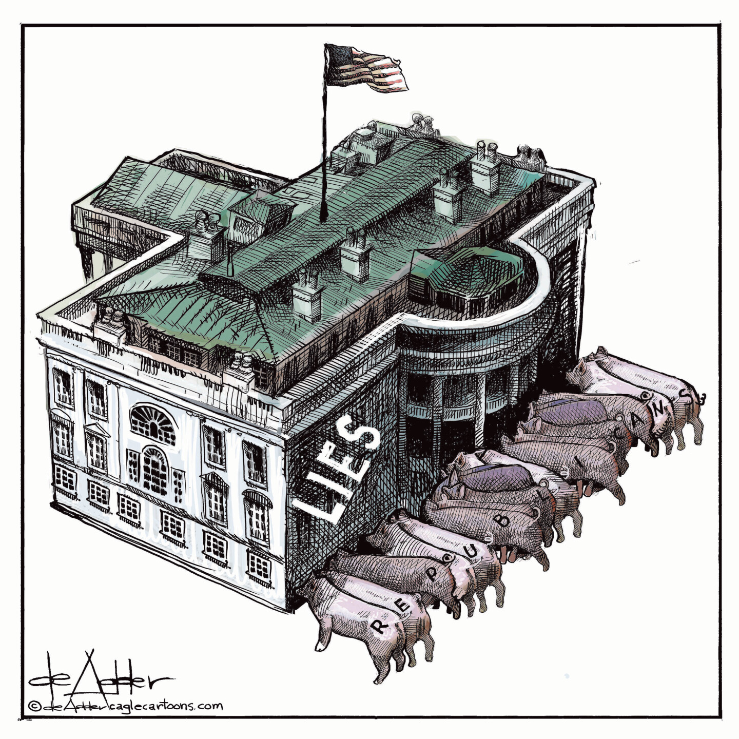 This political cartoon depicts the White House with the word &amp;ldquo;LIES&amp;rdquo; written across the side as a group of 11 pigs line up to feed from it, as if it was a trough. The pigs are labeled &amp;ldquo;REPUBLICANS.&amp;rdquo;