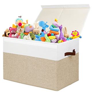 Large beige and white Toy Storage Box With open Lid and colorful stuffed toys inside