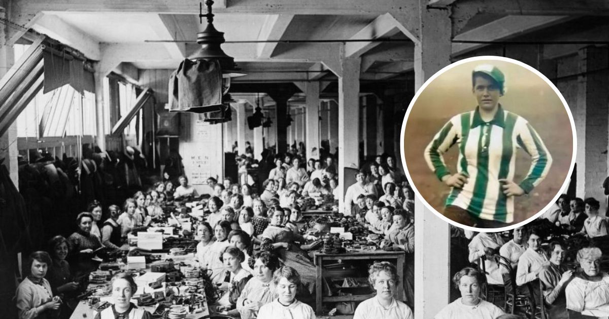 World War One. The stands of a football ground have been turned into a workshop making gas masks helmets and other protective equipment. July 1916. Inset picture: Blyth Spartans Ladies striker Bella Reay