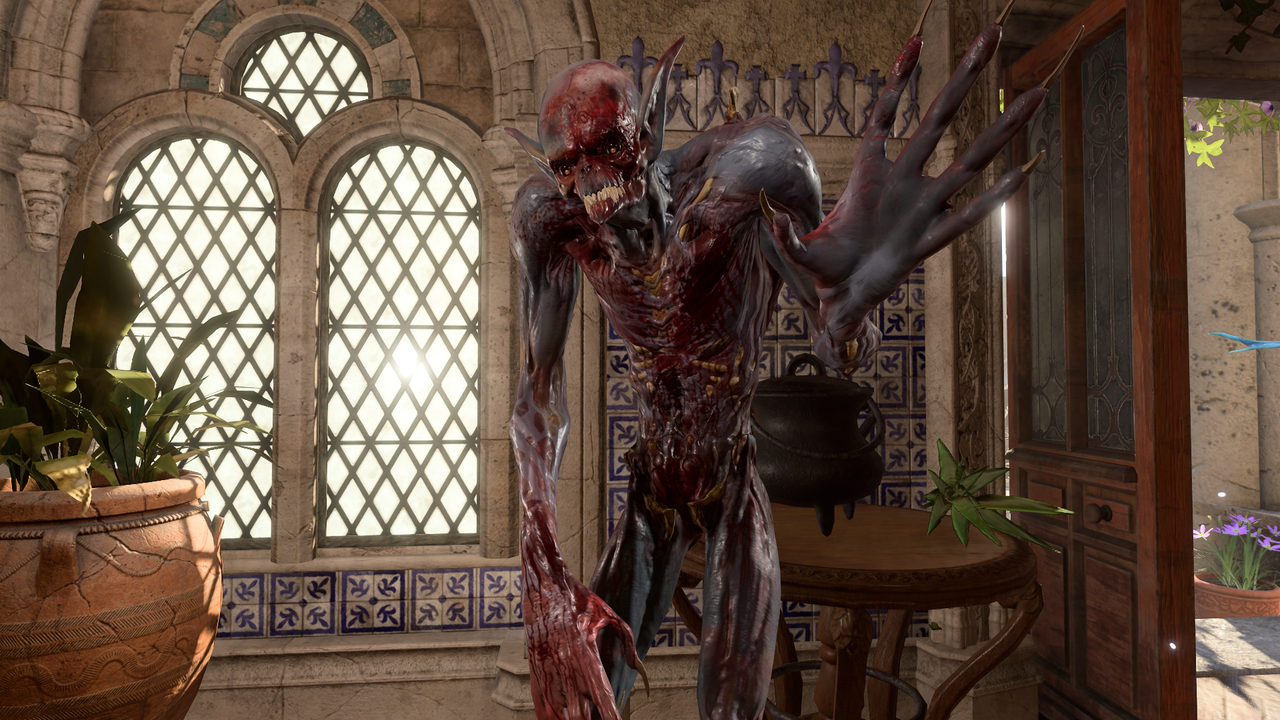 Assorted examples of the photo mode in Baldur's Gate 3, including sitting poses for cute animals, a waving ghoul, and dances.