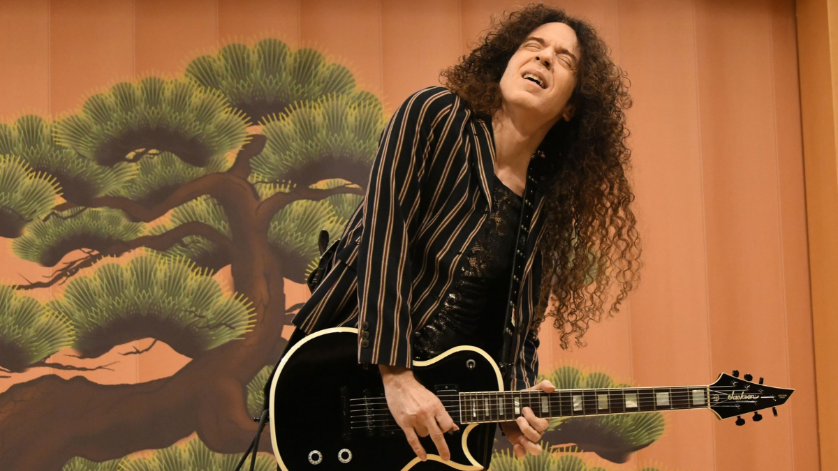 Musician Marty Friedman performs on stage during his Japan Heritage Special Live concert at Haneda airport on July 17, 2023 in Tokyo, Japan