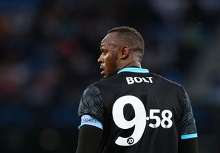 Usain Bolt of the World XI during Soccer Aid for Unicef 2021 at Etihad Stadium on September 04, 2021 in Manchester, England