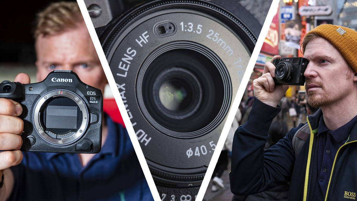 Photo triptych from left to right: the Canon EOS R5 Mark II in the hand, closeup of the Pentax 17 lens, the Fujifilm X100VI in Tokyo street held up to photographer&#039;s eye