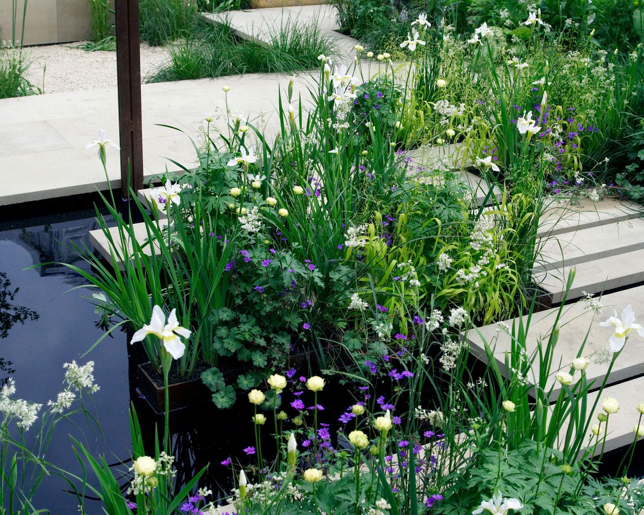 landscaped garden with water feature, paving and planting