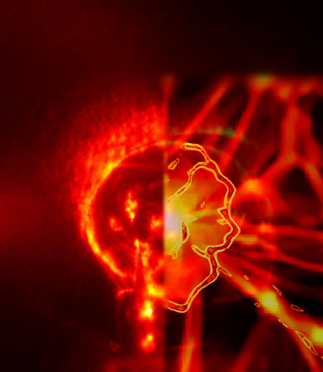 Left-hand side: An image of a laser-produced shock wave. Brighter colors corresponds to regions of higher density or temperature (i.e., a shock). Right-hand side: A simulation of a collapsing shock wave arising during the pre-galactic phase.