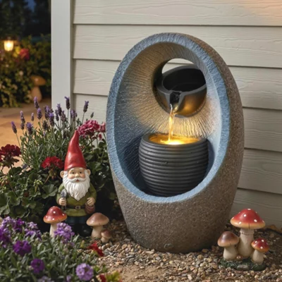 Outsunny Water Feature With 2-Tier Bowls, Pump and Led Lights