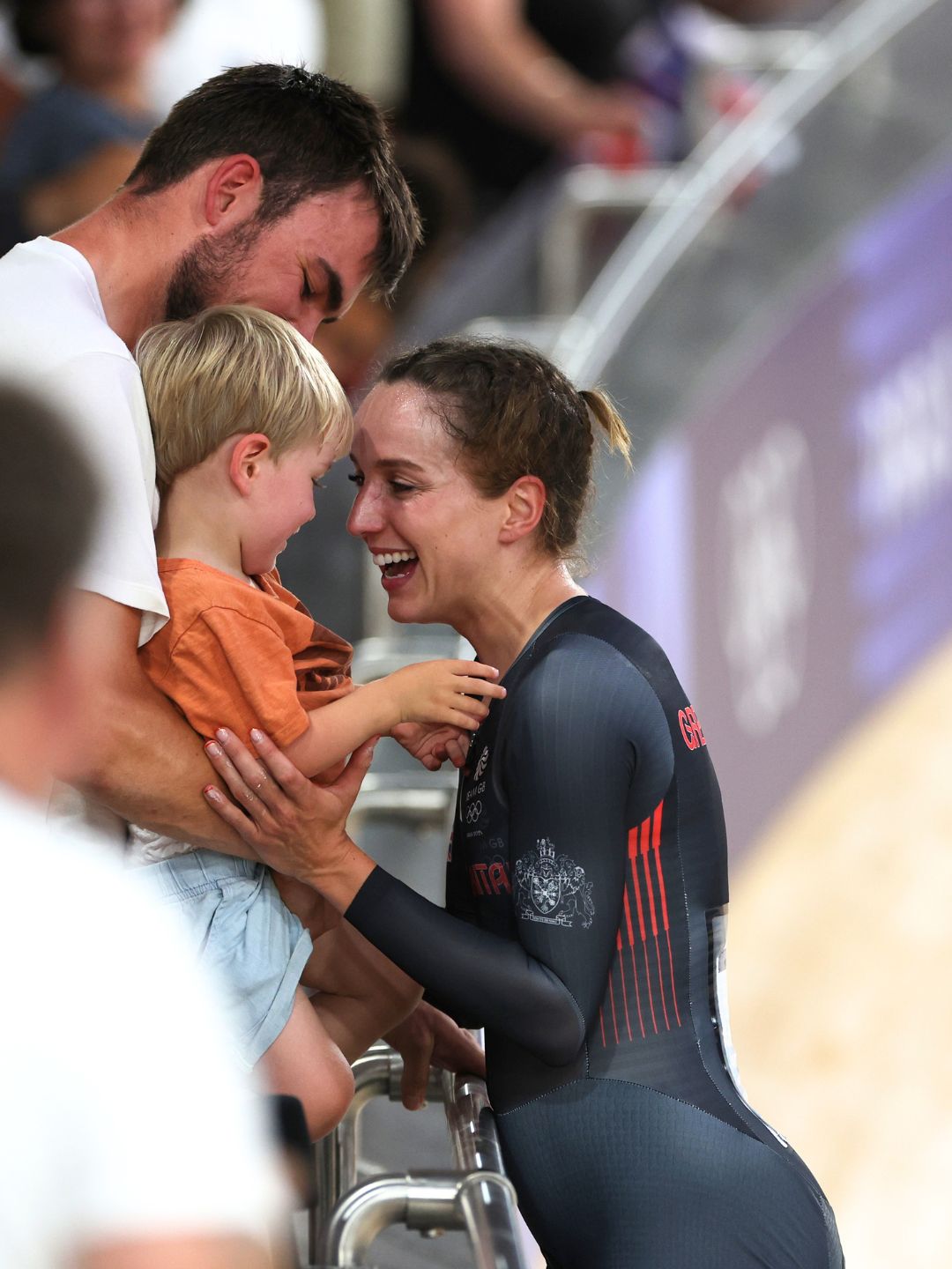 Bronze medalist Elinor Barker of Team Great Britain celebrates with her family after the Women's Team Pursuit Finals on day twelve of the Olympic Games Paris 2024