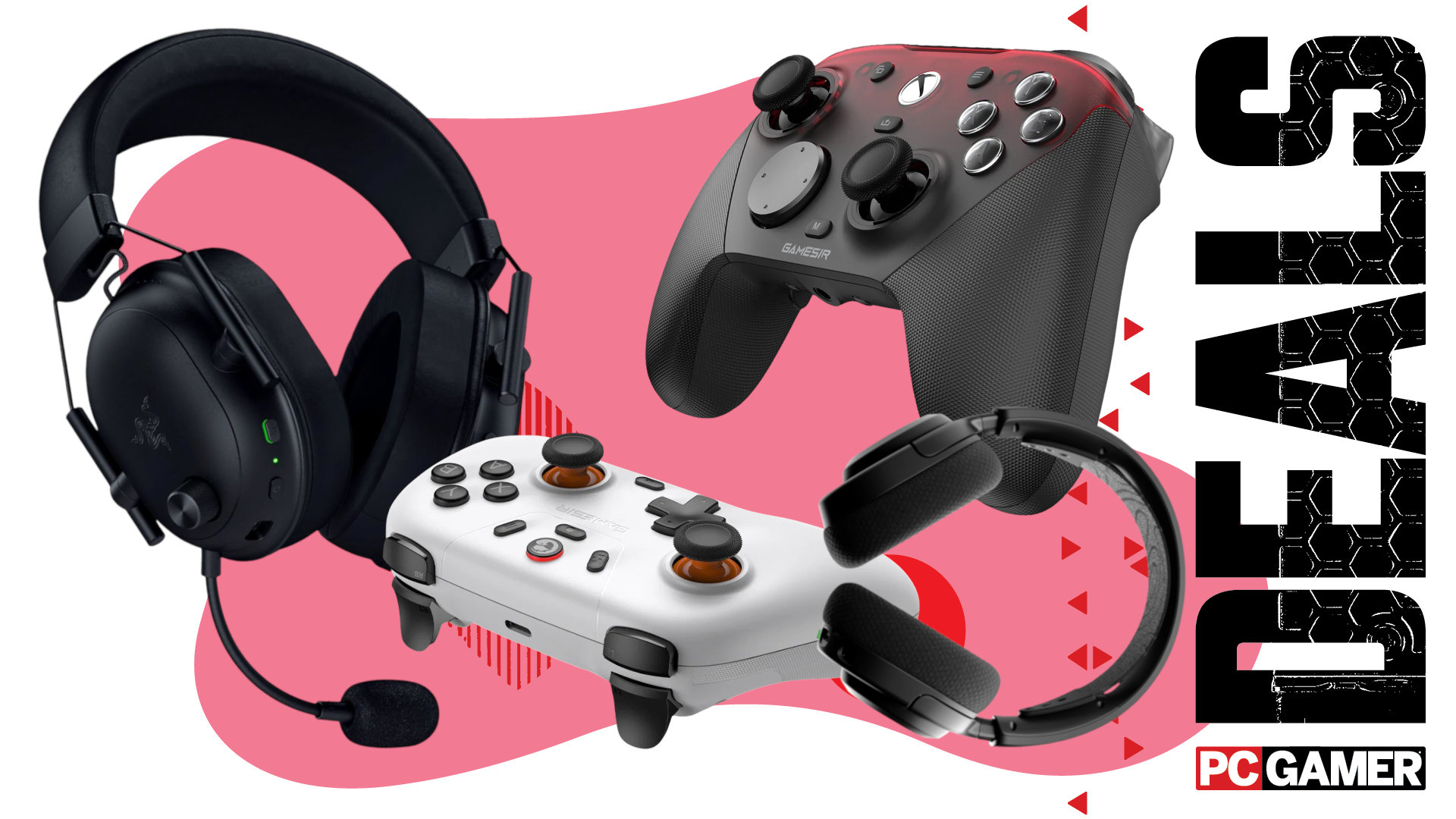 A collage of different gaming headsets and controllers against a colorful background, with the phrase 'Deals' along the right side, above a PC Gamer logo