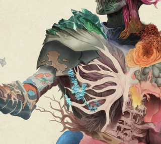 Avowed key art; close ups on digital art, it shows a skeleton warrior with colourful plants and fungus growing from it