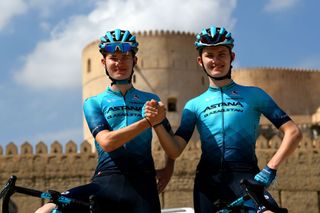 MUSCAT OMAN FEBRUARY 10 Alexandre Vinokourov Kazahkstan and Nicolas Vinokourov of Kazahkstan and Astana Qazaqstan Development Team sons of Alexander VinokourovGeneral manager of the Team Astana Qazaqstan prior to the 11th Tour Of Oman 2022 Stage 1 a 138km stage from Al Rustaq Fort to Oman Convention and Exhibition Centre TourofOman on February 10 2022 in Muscat Oman Photo by Dario BelingheriGetty Images