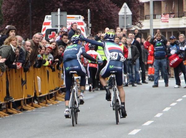 Movistar teammates Alejandro Valverde, left, and Giovanni Visconti celebrate their 1-2 finish.